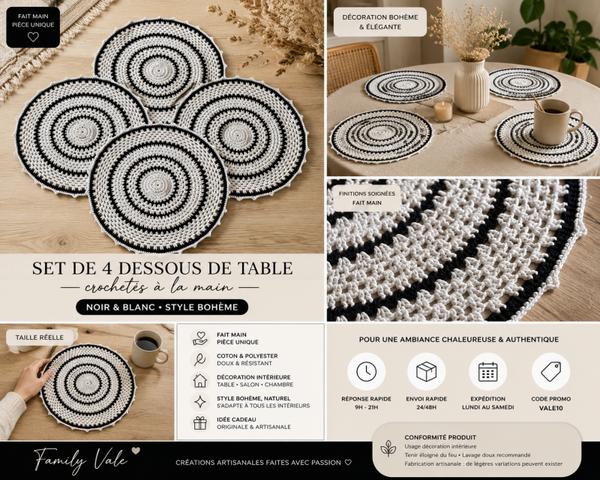 Set de 4 dessous de table crochetés noir & blanc | Fait main | Style bohème premium