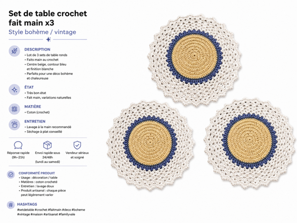 Set de table crochet fait main x3 – style bohème / vintage