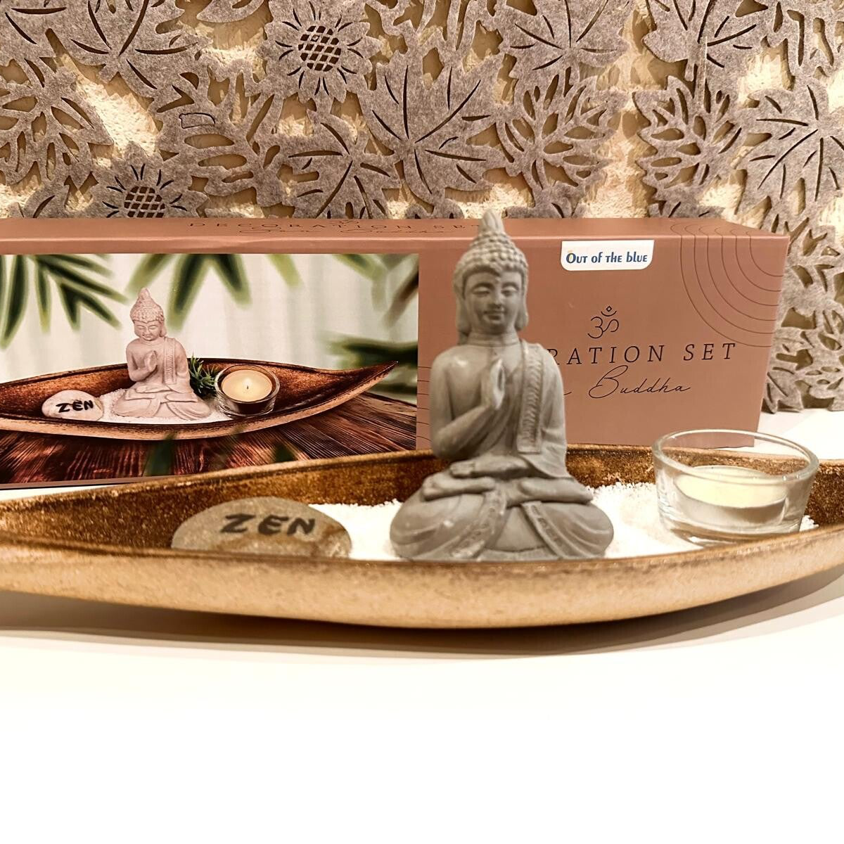 Zen-Deko-Set "Ruhepol": Buddha im Boot inkl. Dekosand & Teelichthalter
