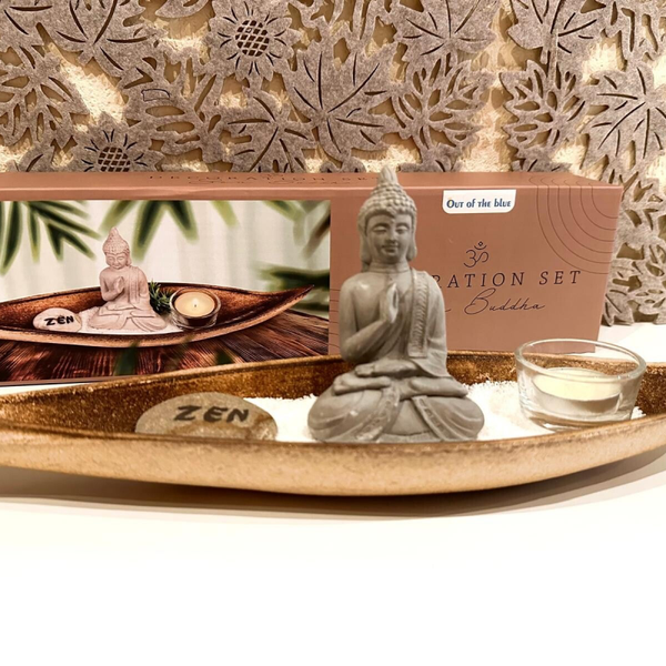 Zen-Deko-Set "Ruhepol": Buddha im Boot inkl. Dekosand & Teelichthalter