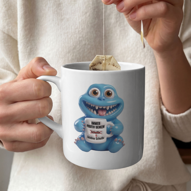 Keramiktasse "Immer positiv denken! (Schöne Scheiße)" – Sarkastisches Büro-Monster