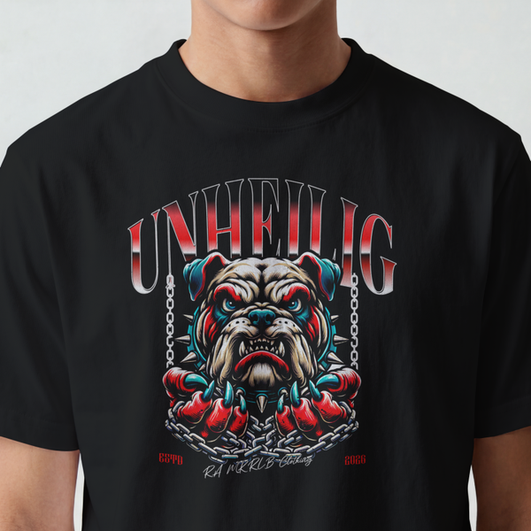 RA MKRLB "UNHEILIG" Bulldogge T-Shirt – Gothic Metal Streetwear mit Stachelhalsband und Ketten-Print