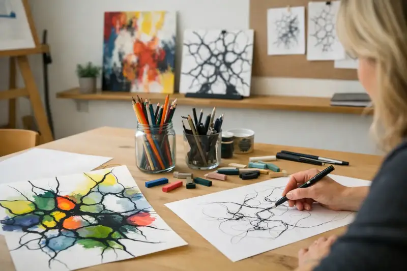 Frau sitzt am Tisch und zeichnet mit Finliner ein neurographisches Bild im Malatelier