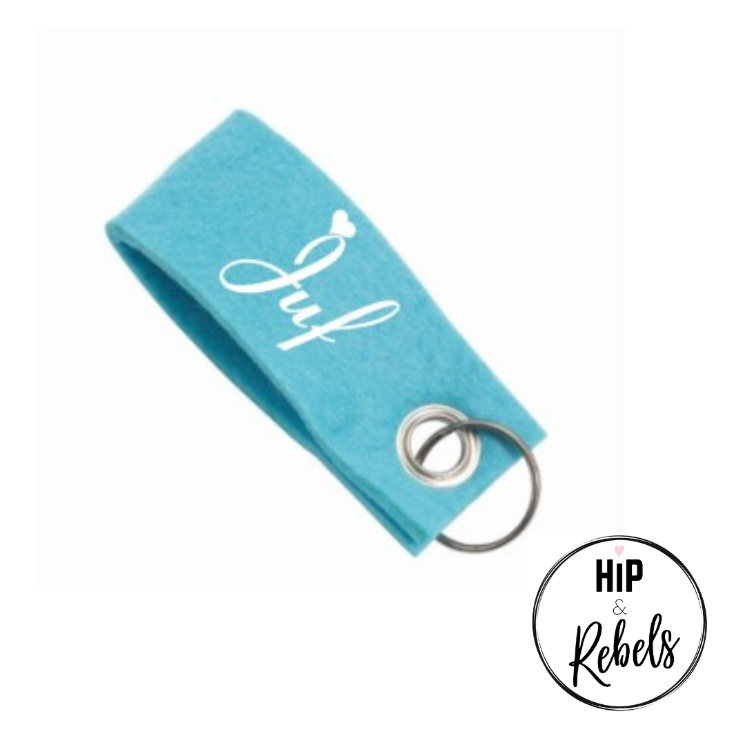 Vilten sleutelhanger - Juf sierlijk 2 kanten bedrukt