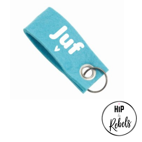 Vilten sleutelhanger juf - Strak lettertype