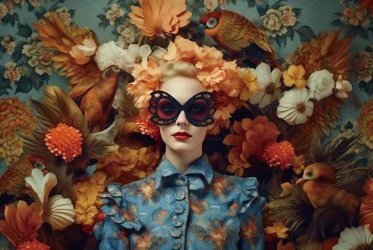 Glas Schilderij Vrouw met Bloemen
