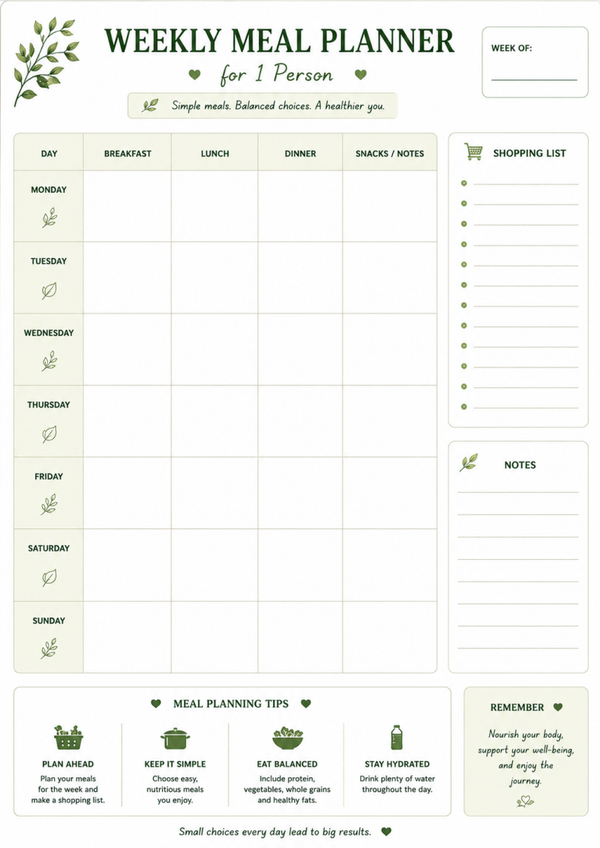 Weekly Meal Planner For One