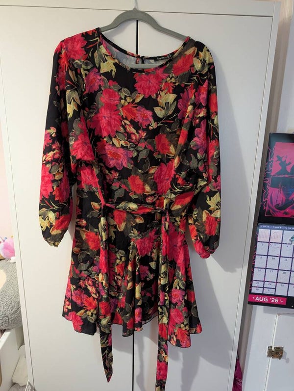 Boohoo Floral Belted Skater Dress