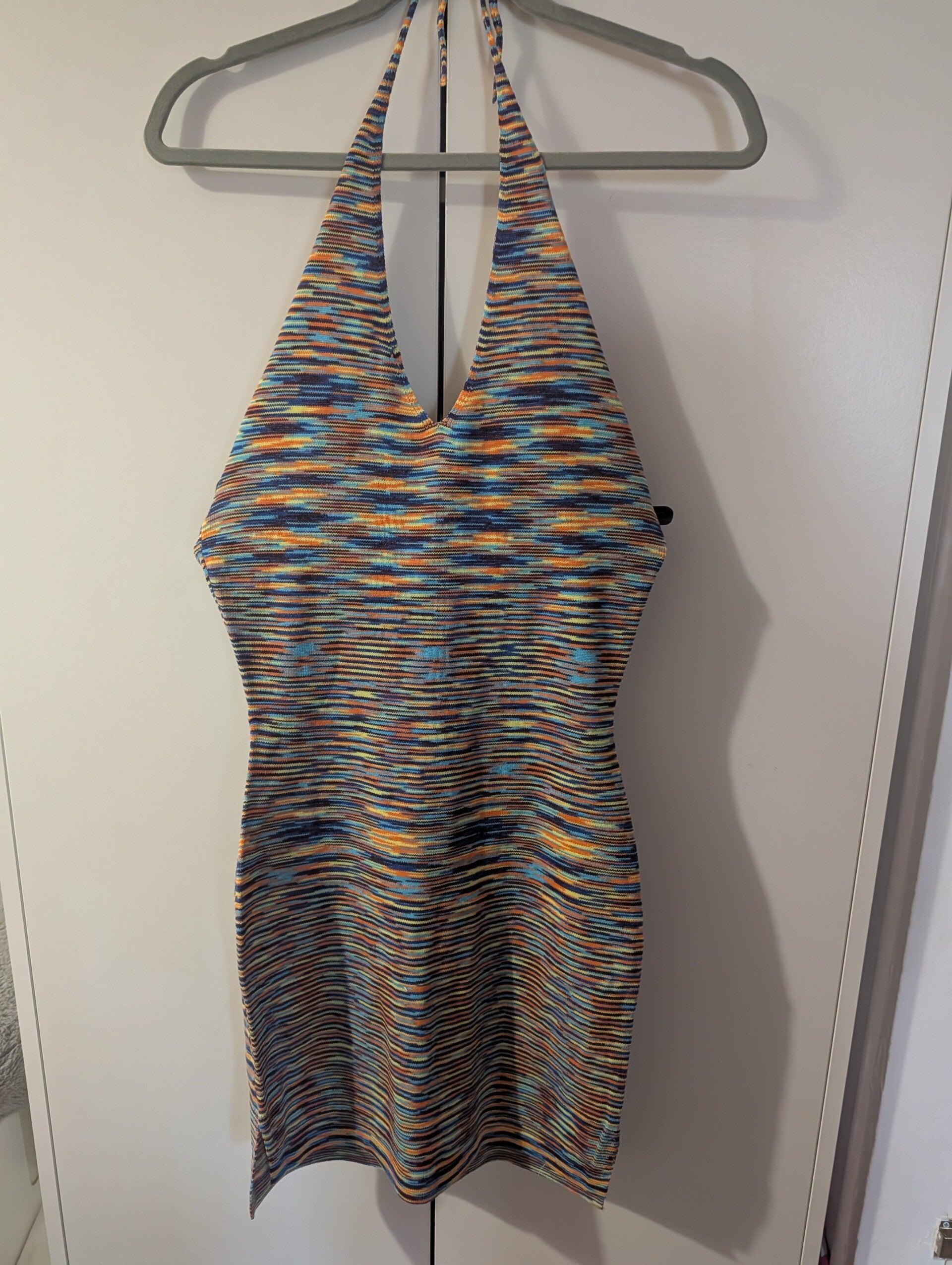🌈 SNDYS EFFIE MULTI-STRIPE HALTER MINI DRESS 🌈 Size 8-10 uk