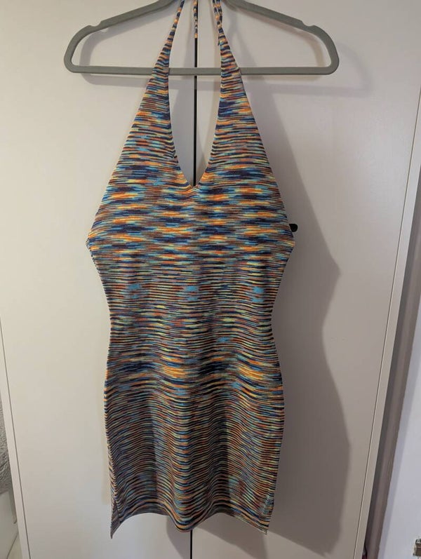 🌈 SNDYS EFFIE MULTI-STRIPE HALTER MINI DRESS 🌈 Size 8-10 uk