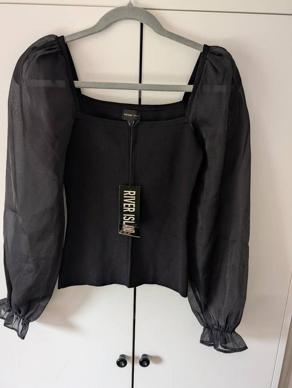 🖤 River Island Black Sheer Sleeve Top – Size 8 🖤