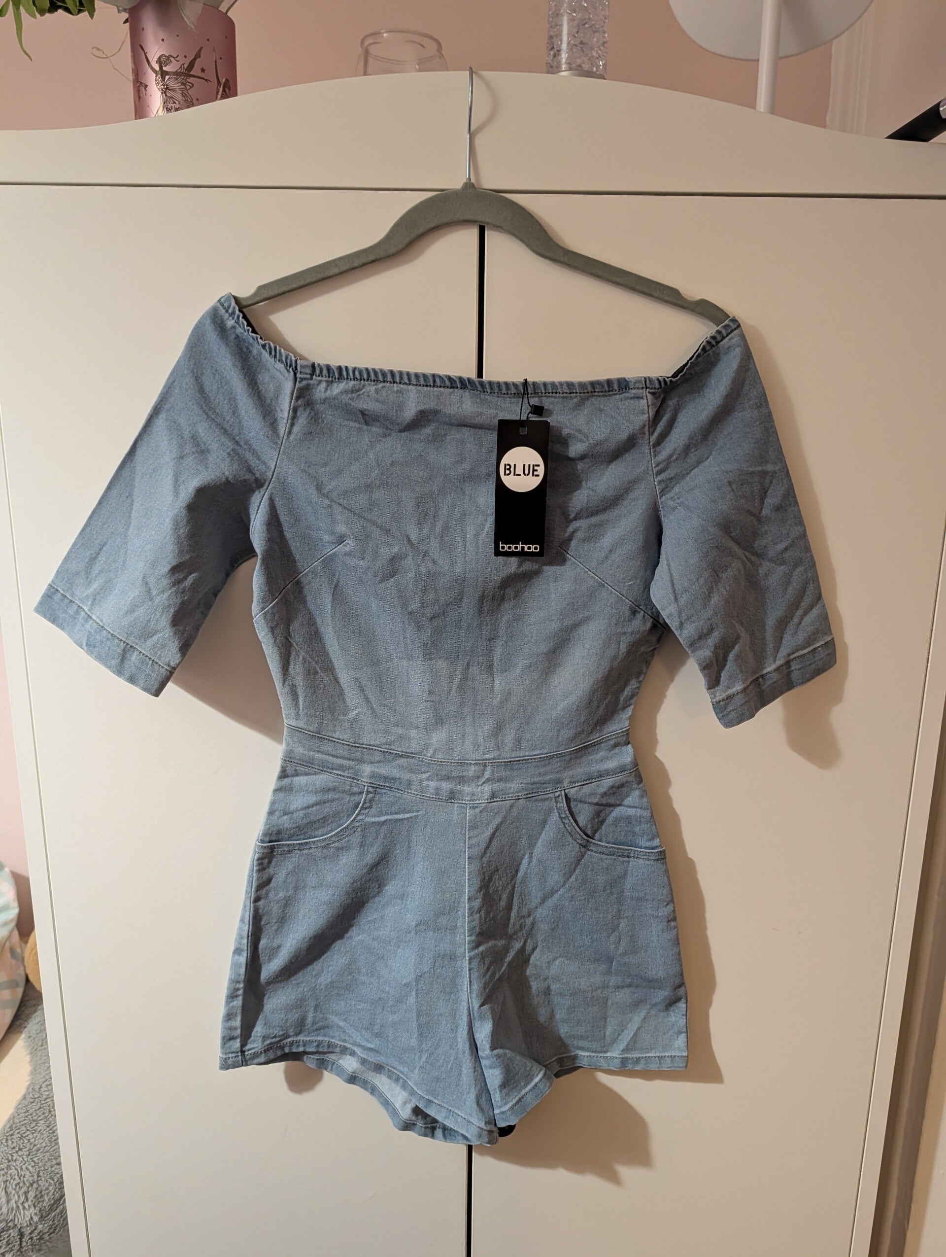 💙 Boohoo Blue Denim Playsuit – Size 8