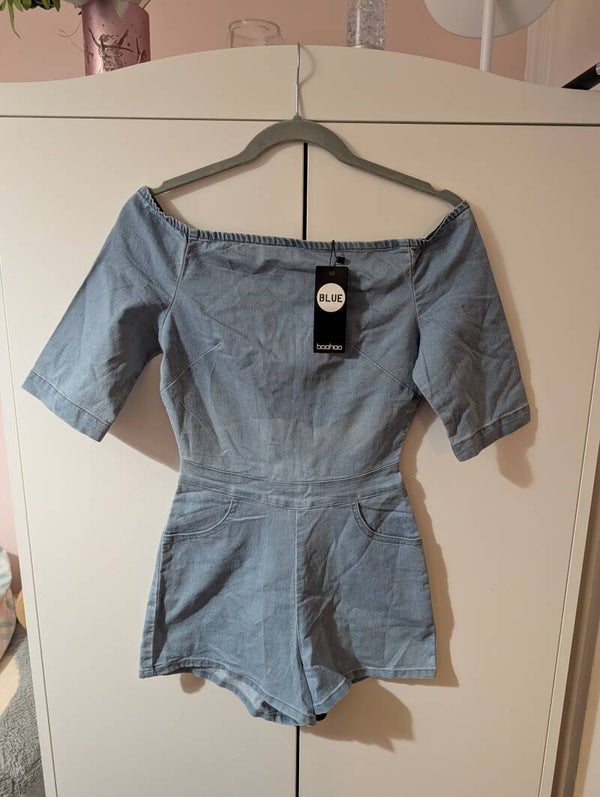 💙 Boohoo Blue Denim Playsuit – Size 8