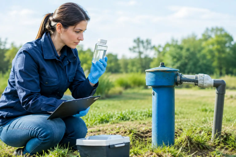Employee taking water samples of a  possibly contaminated water well.