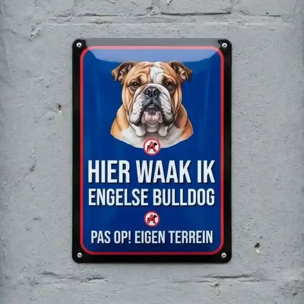 Metalen Bord Engelse Bulldog - Hier Waak Ik Pas Op Eigen Terrein