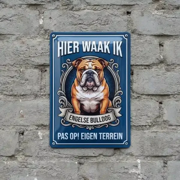 Metalen Bord Engelse Bulldog - Hier Waak Ik Pas Op Eigen Terrein