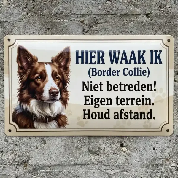 Metalen bord Hier waak ik Border Collie