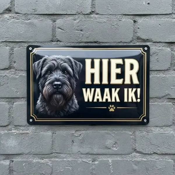 Metalen Bord "Hier Waak Ik!" – Bouvier Portret – 3 formaten