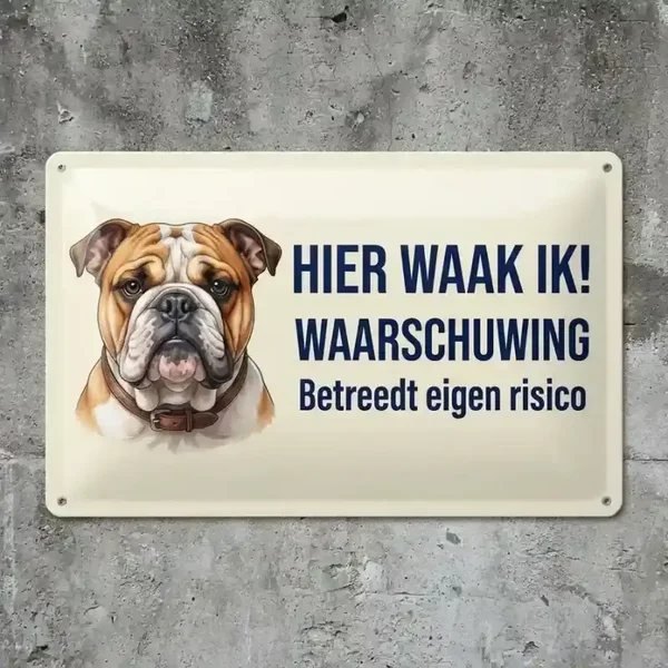 Metalen Bord Hier Waak Ik - Engelse Bulldog - Waarschuwing