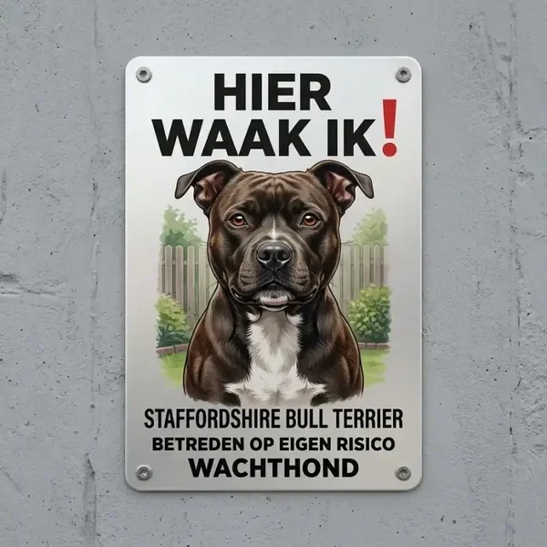 Metaal Bord Hier Waak Ik - Staffordshire Bull Terrier