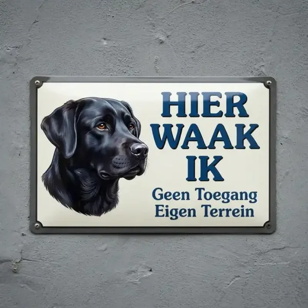 Metalen bord - Hier waak ik zwarte Labrador