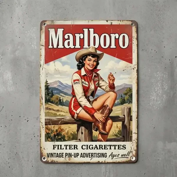 Metaal Bord Marlboro Vintage Pin-up Cowgirl