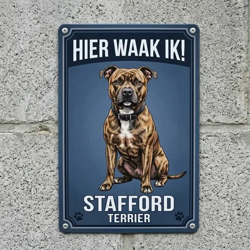 Metaal Waakbord Stafford Terrier - Hier Waak Ik
