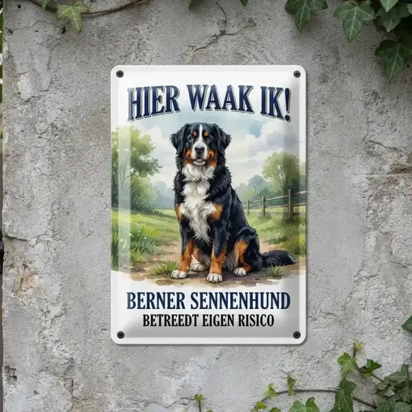 Metalen Bord Berner Sennenhond - Hier Waak Ik
