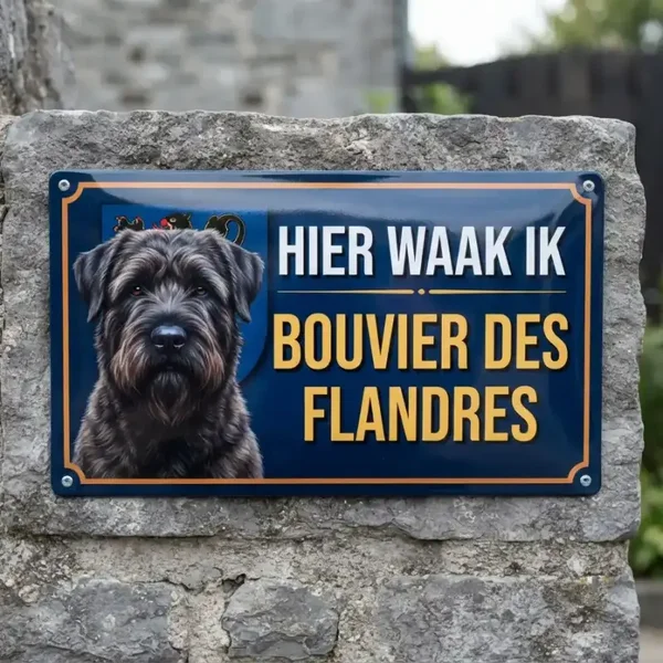 Metalen Waarschuwingsbord Bouvier des Flandres - Hier Waak Ik