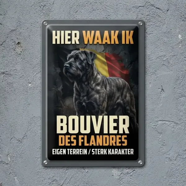 Metalen Bord Bouvier des Flandres - Hier Waak Ik