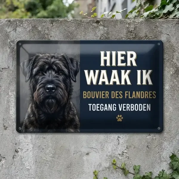 Metalen bord Bouvier des Flandres - Hier waak ik