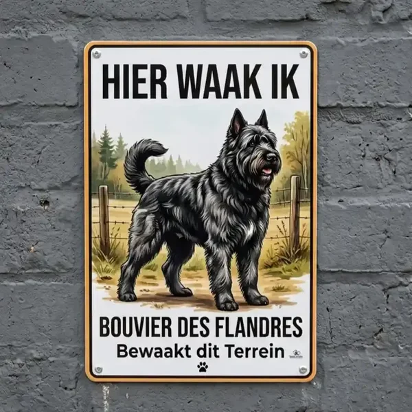 Metalen bord Bouvier des Flandres - Hier waak ik