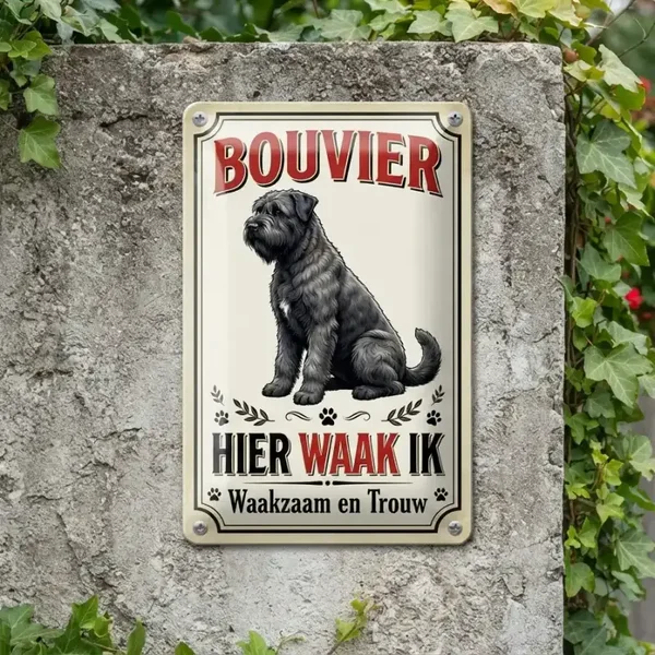 Metalen Bord Bouvier Hier Waak Ik
