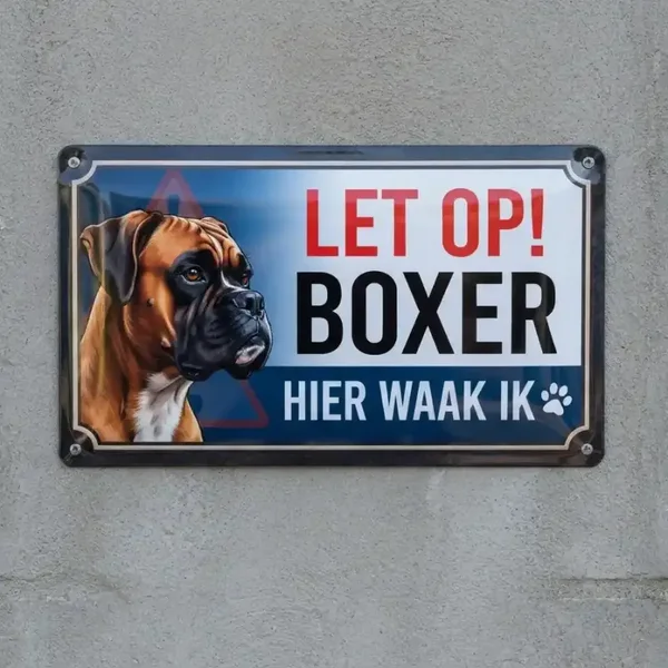 Metalen Bord Boxer - Let op Hier Waak Ik | retrobordjes.be