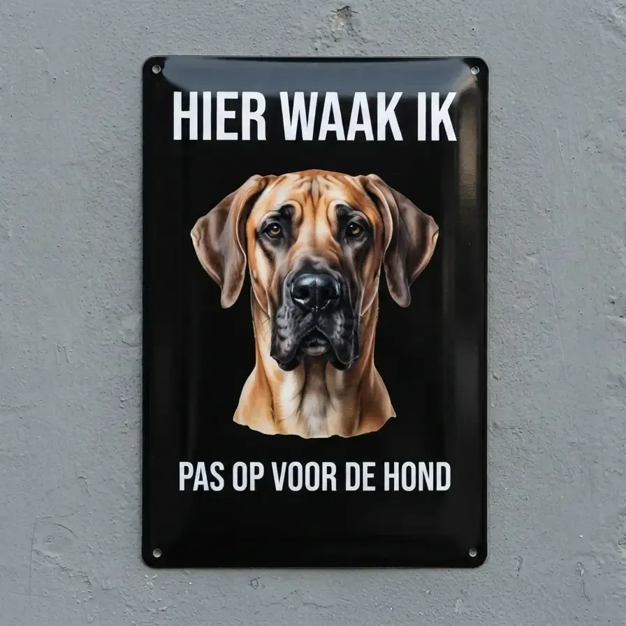 Metalen Bord Deense Dog - Hier Waak Ik Pas Op Voor De Hond