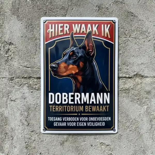 Metalen Bord Dobermann - Hier Waak Ik