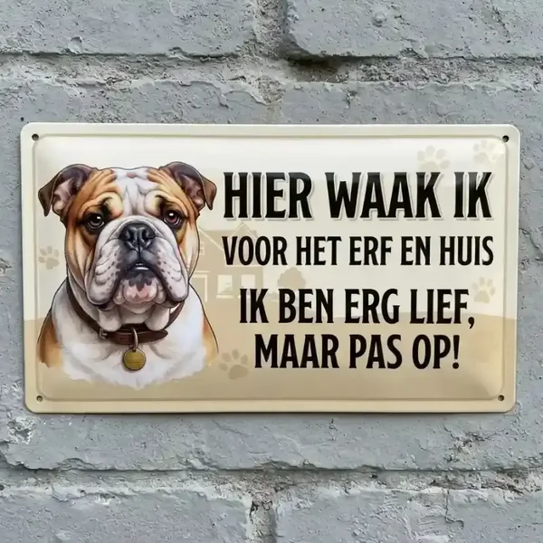Metalen Bord Engelse Bulldog - Hier waak ik