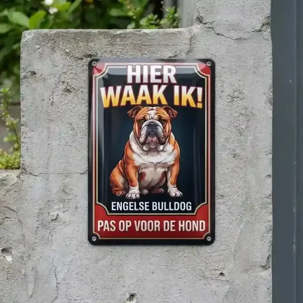 Metalen bord Engelse Bulldog - Hier waak ik