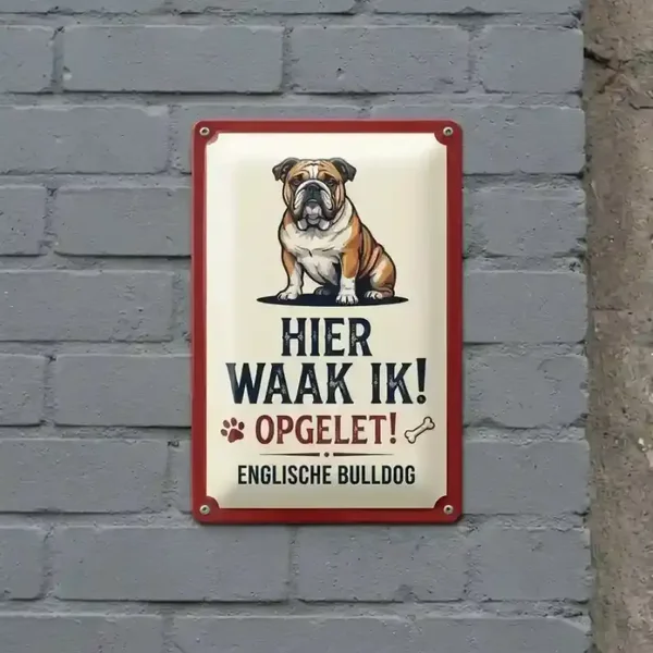 Metalen Bord Engelse Bulldog - Hier Waak Ik