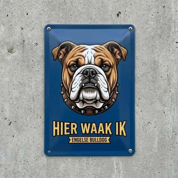 Metalen bord Engelse Bulldog - Hier waak ik
