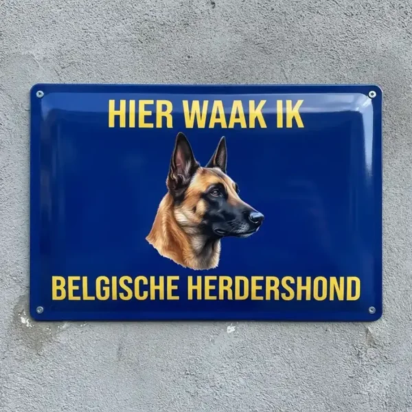 Metalen Bord Hier Waak Ik - Belgische Herdershond