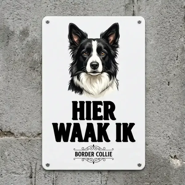 Metalen bord Hier waak ik Border Collie
