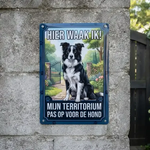 Metalen bord Hier waak ik Border Collie - Pas op voor de hond