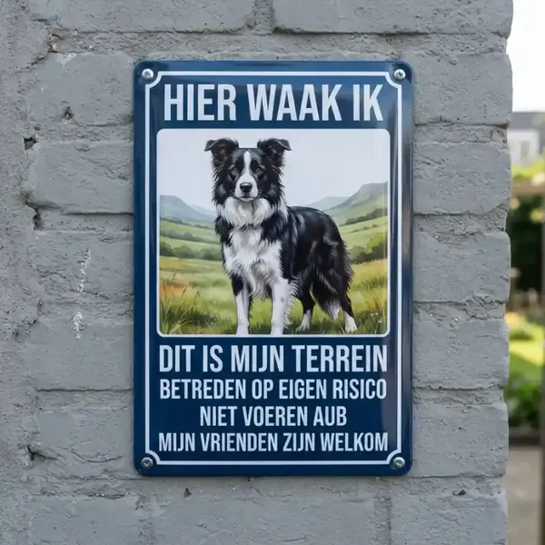 Metalen Bord Border Collie - Hier Waak Ik