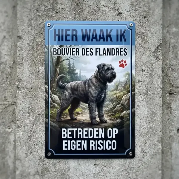 Metalen Bord Bouvier des Flandres - Hier Waak Ik