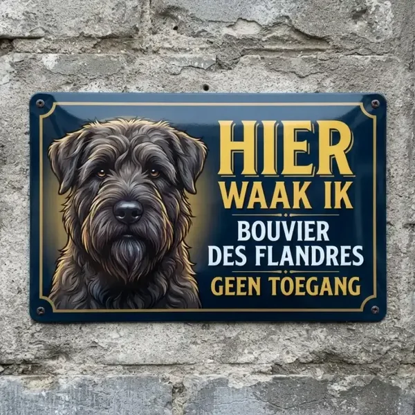 Metalen waarschuwingsbord Hier waak ik Bouvier des Flandres