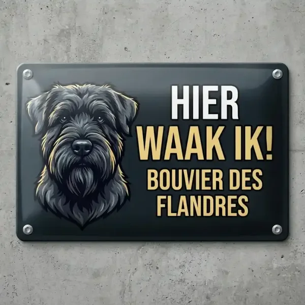 Metalen Bord Bouvier des Flandres - Hier Waak Ik