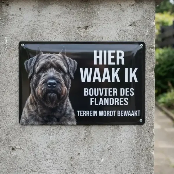 Metalen waarschuwingsbord Bouvier des Flandres - Hier waak ik