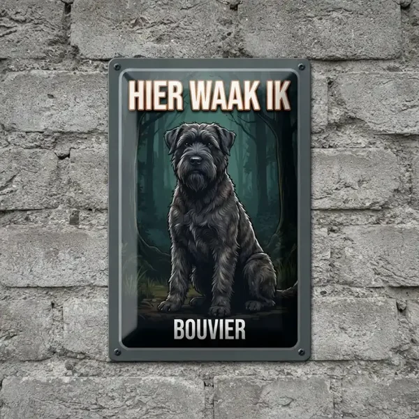 Metalen bord Hier waak ik - Bouvier