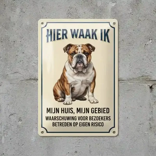 Metalen bord Hier Waak Ik - Engelse Bulldog